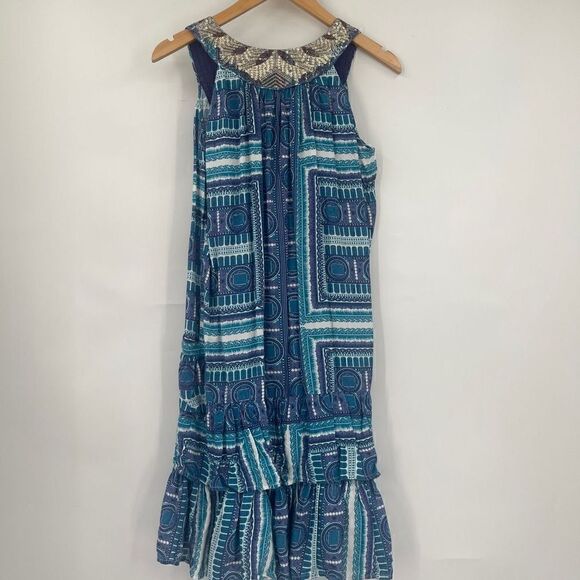 Monsoon Womens Blue Sleeveless Geometric Ruffled Dress Embellished Sequins Small - Picture 5 of 6